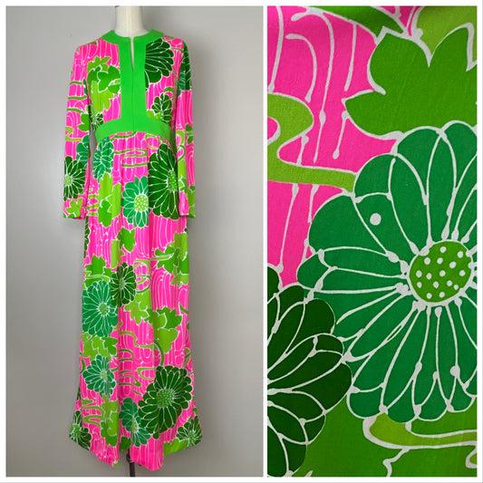 1960s/70s Floral Maxi Dress, Keram Size Small, Neon Green and Pink