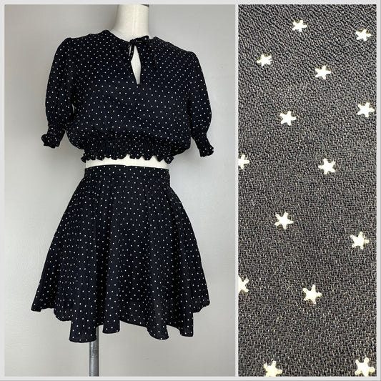 1970s Star Print Peasant Blouse and Skater Micro Mini Skirt Set, Size XS