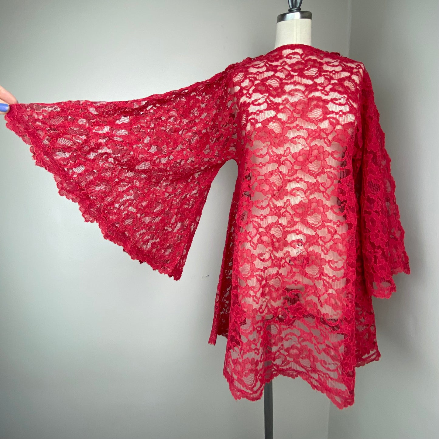 1970s Red Lace Mini Dress with Angel Sleeves, Size Small