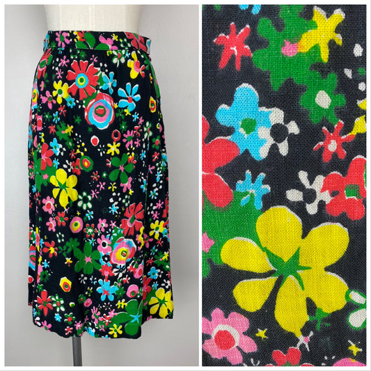 1960s Black and Brights Floral A-Line Midi Skirt, Size Small, Handmade