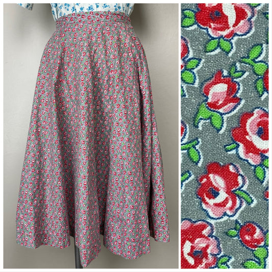 1950s Silver Floral Circle Skirt, Size XS, 24" Waist