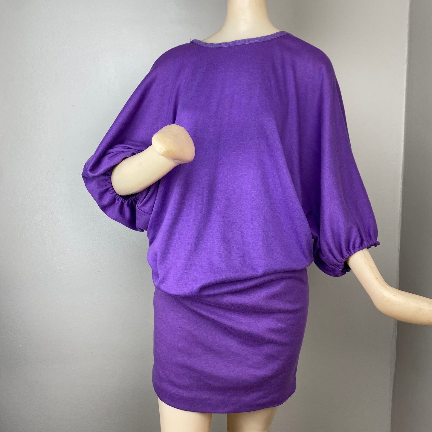 1980s Purple Batwing Sleeve T-Shirt Dress, Frederick’s of Hollywood, Size XS-Med