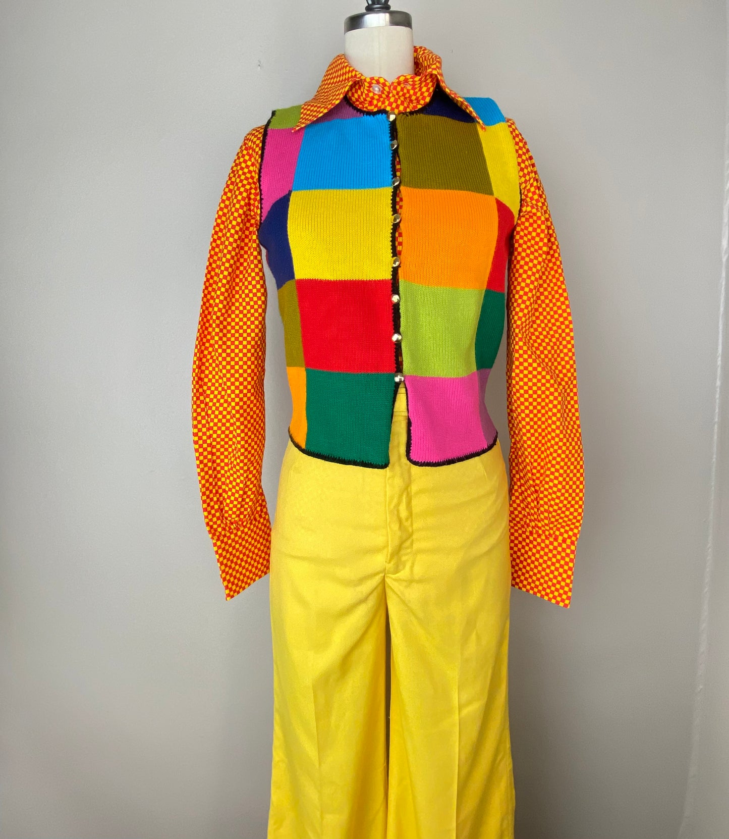 1970s Red & Yellow Checkerboard Shirt, Geoffrey Beene Bazaar, Size Medium, Deadstock