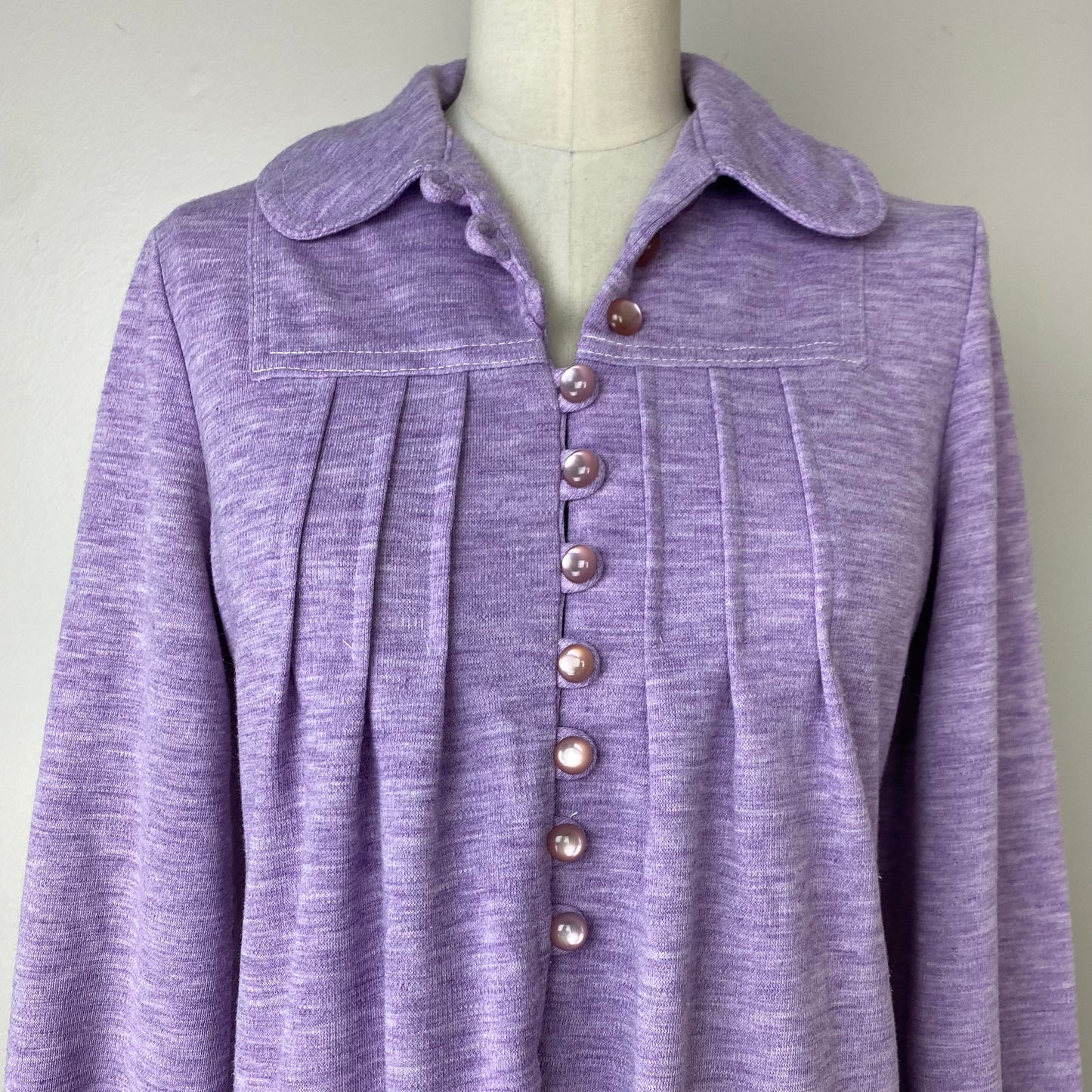 1970s Mod Knit Mini Dress, Size Small, Heathered Purple, Peter Pan Collar