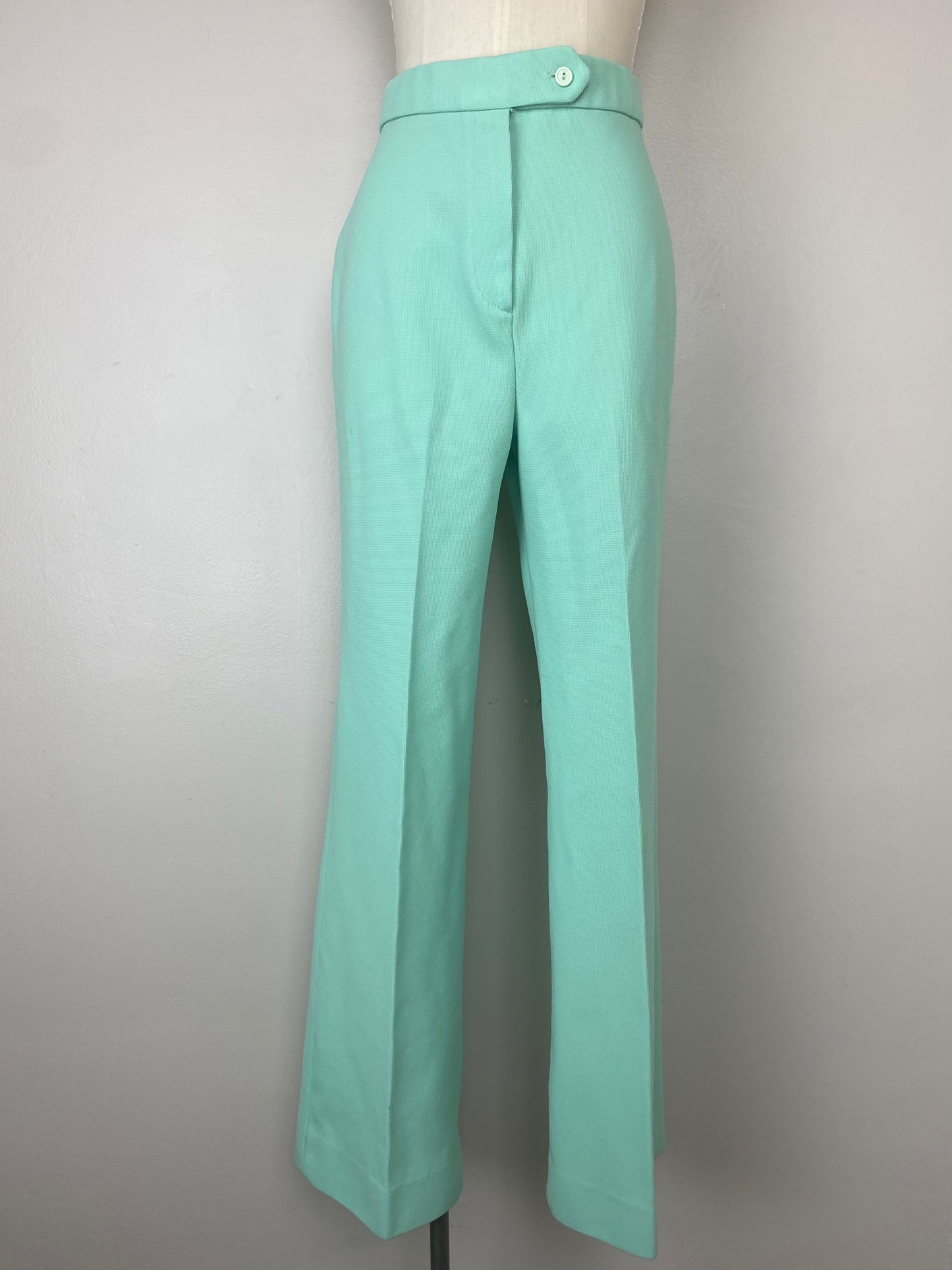 1970s High Waisted Bell Bottom Pants, Mint Green, Center Stage II, Textured Double Knit