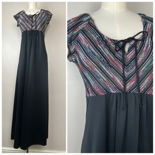 1970s Disco Maxi Dress, Trolley Car Size Small, Metallic Stripes