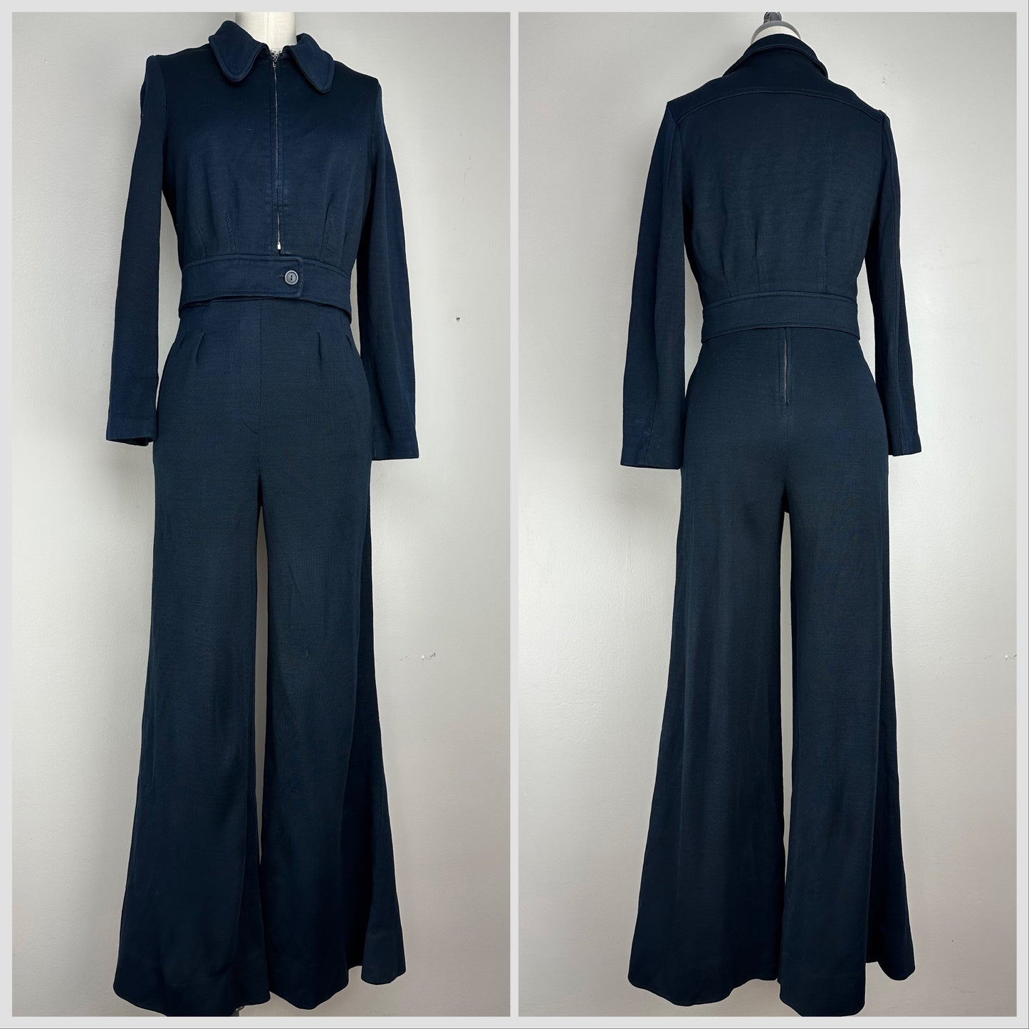 1970s Black Bell Bottom Jumpsuit with Cropped Jacket, Size Small