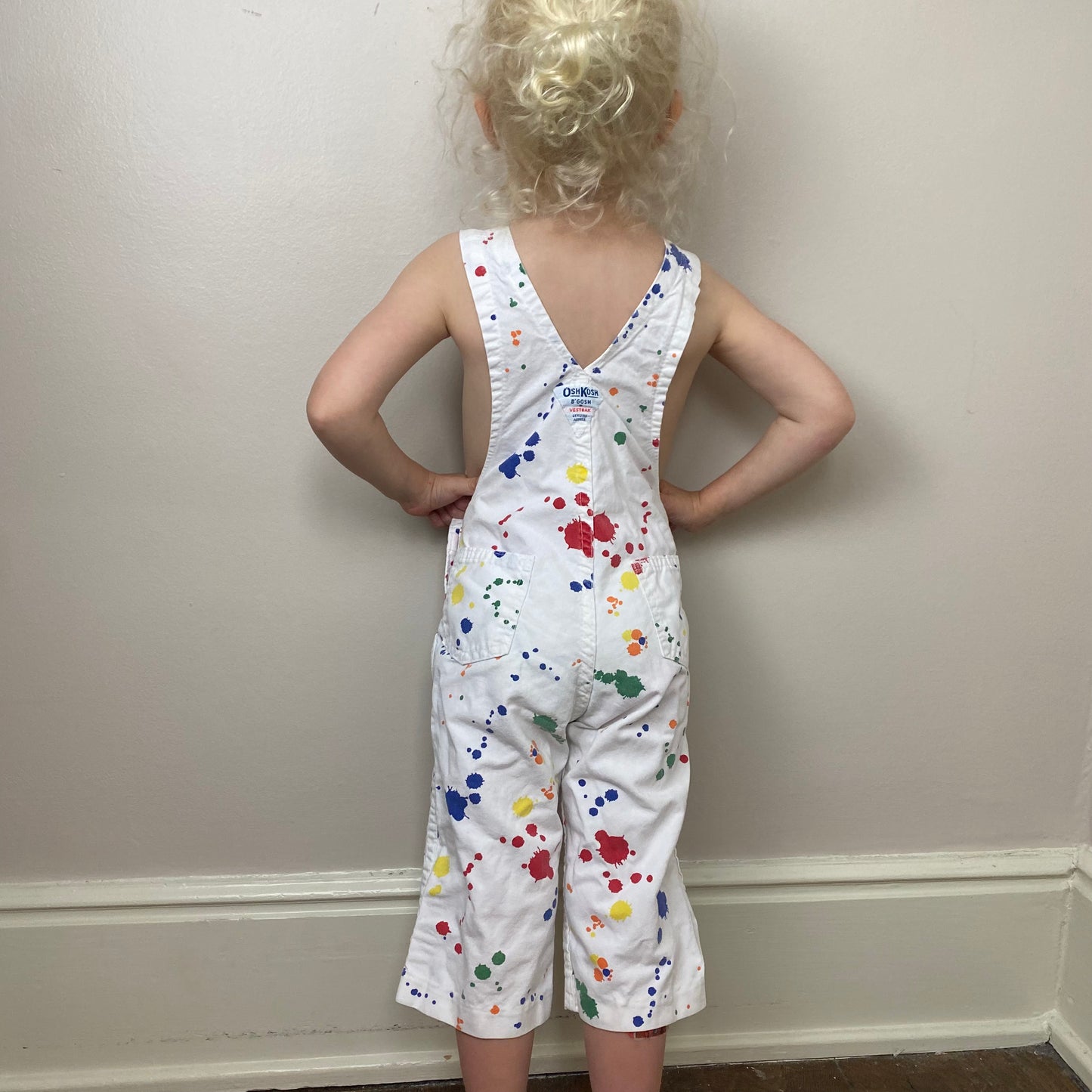 1980s Oshkosh Overalls, White with Rainbow Splatter Paint, Size 2T