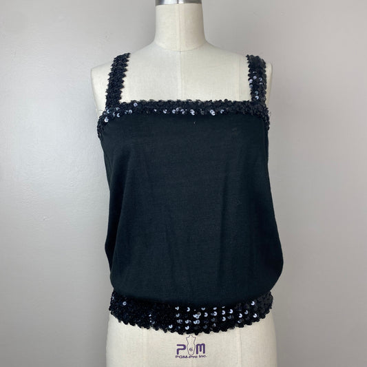 1970s Black Tank Top with Sequin Straps and Waistband, Toppettes Size S-L