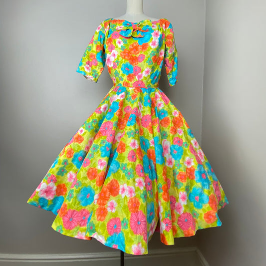1960s Bright Floral Dress, Full Circle Skirt, Size Medium, Originals by Melendrez of Pearl’s Creations