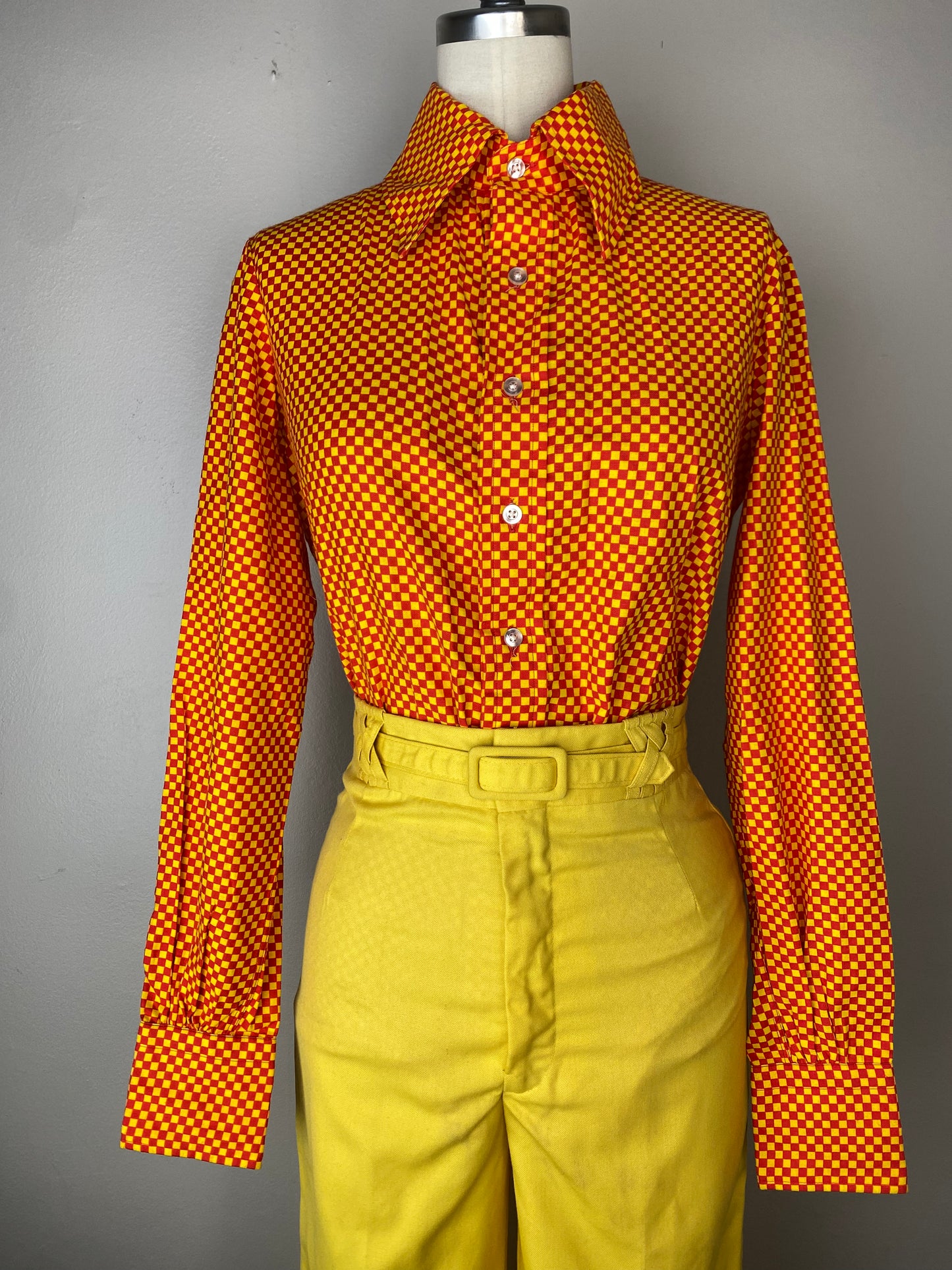 1970s Red & Yellow Checkerboard Shirt, Geoffrey Beene Bazaar, Size Medium, Deadstock