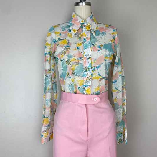 1970s Sheer Pastel Blouse, Size Small, Abstract Floral