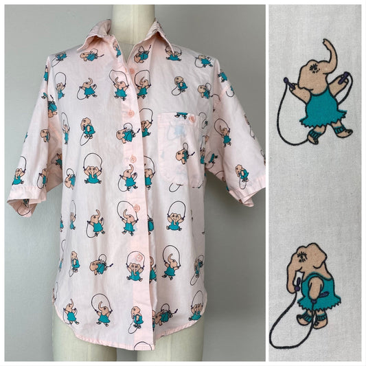 1980s Pink Elephant Blouse, Size S/M, Trendi 1986, Pastel Pink