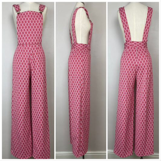 1970s Low Back Overalls, Size Small, Handmade, Red Floral Double Knit