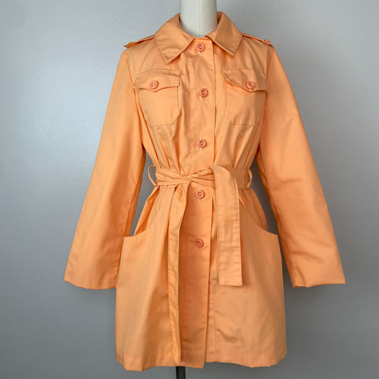 1970s Short Trench Coat, Orange Belted Jacket, Size S/M