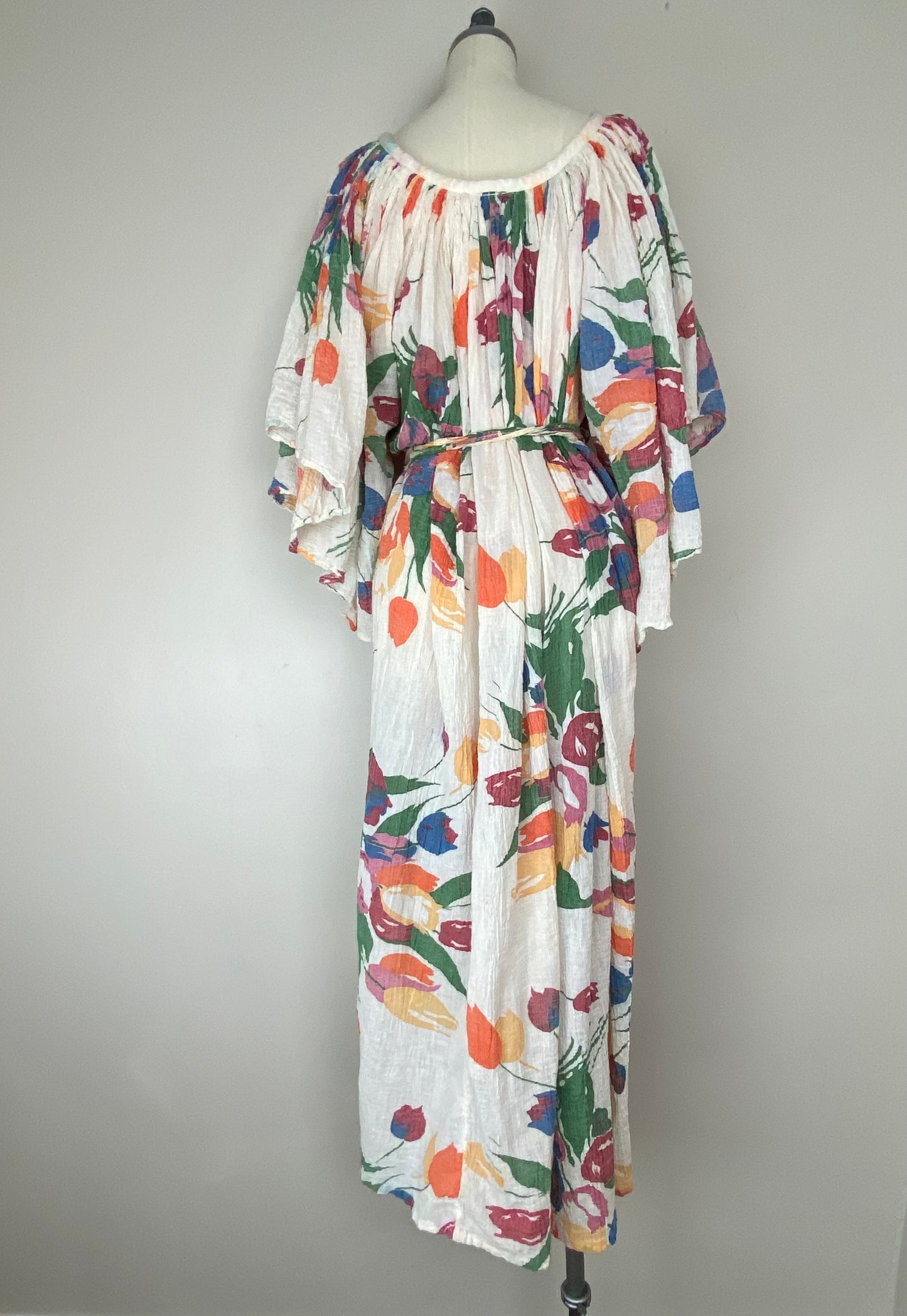 1970s Amerikan Climax Angel Sleeves Floral Print Cotton Gauze Maxi Dre ...