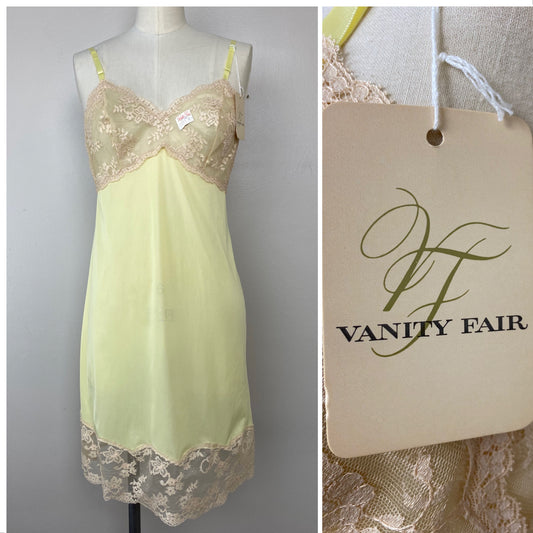 1970s Deadstock Vanity Fair Full Slip, Size XS, Pastel Yellow, Lace