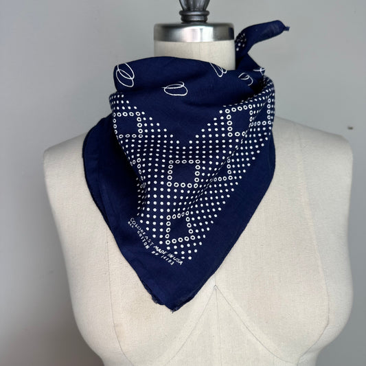 1950s/60s Indigo Blue Bandana, RN 14193, Double Wedding Ring and Dots, Selvage Edge