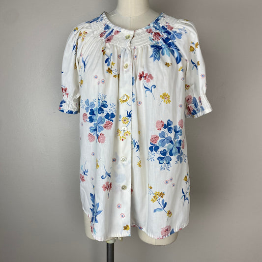 1970s Floral Peasant Blouse, Smocked, Size Small