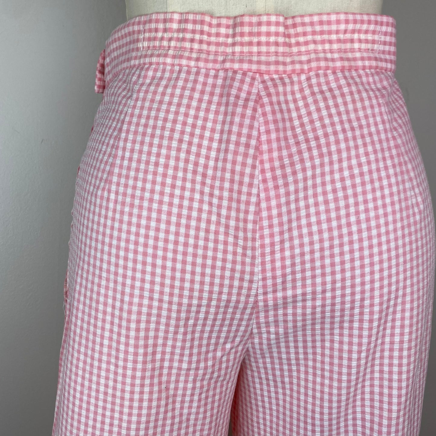 1970s Pink Gingham Seersucker Side Zip Bell Bottom Pants, 29"x 28.5"