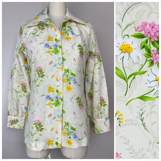 1970s Floral Blouse, Size Small, Long Sleeves