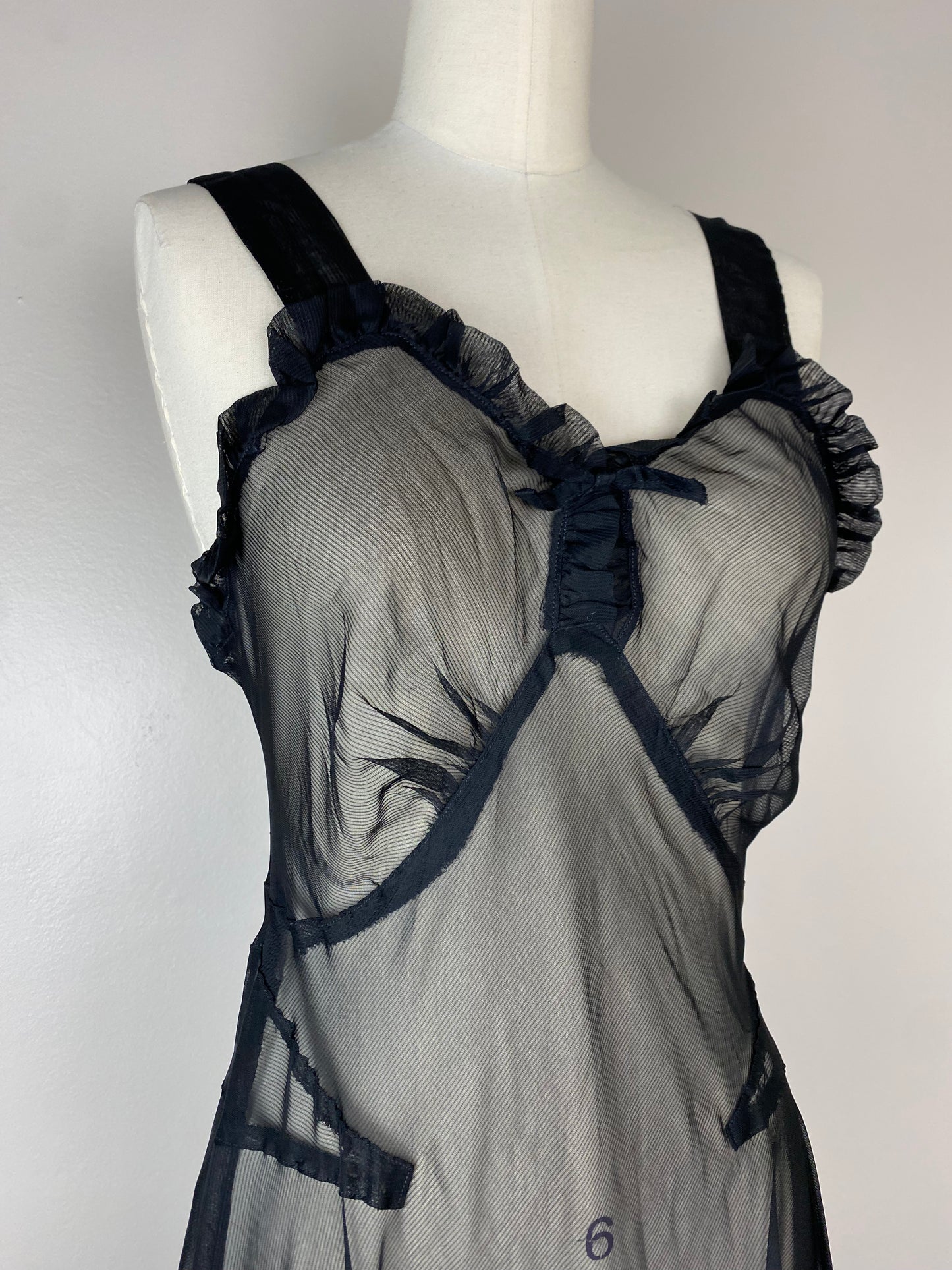 1940s Sheer Black Bias Cut Nightgown, Lady Doretta Size 34