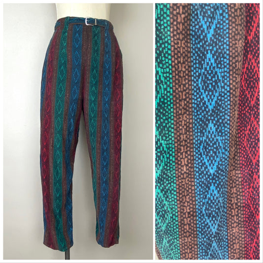 1950s/60s Printed Corduroy Cropped Pants, Size Small, Side Zip, Jewel-tone Harlequin Stripe, Peg Leg Pedal Pushers