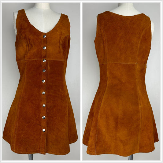 1970s Brown Leather Sleeveless Mini Dress, Snap Front, Size S/M
