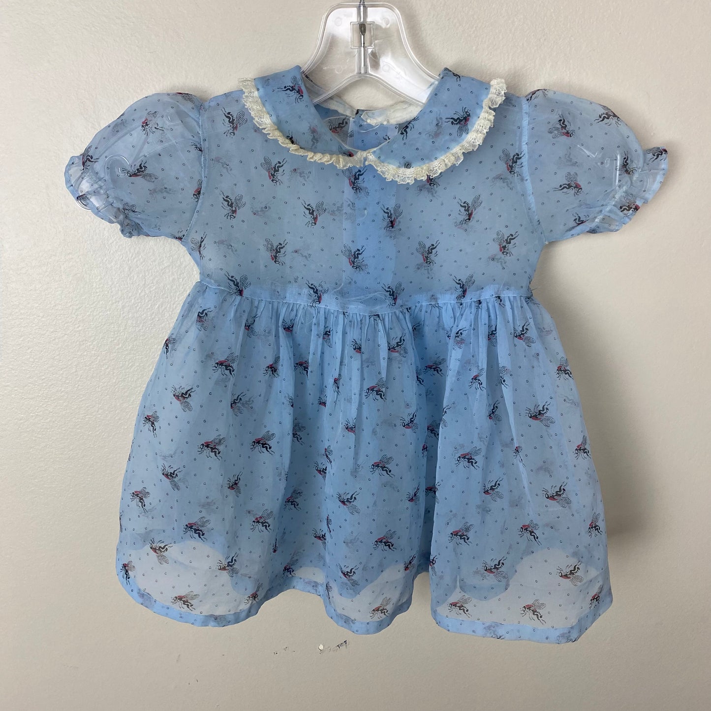 1950s Bug Print Dress, Sheer Novelty Print, Pastel Blue, Size 2T