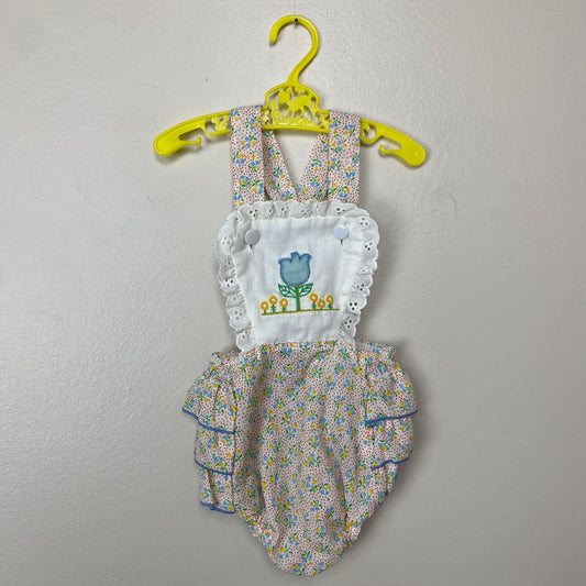 1980s Baby Romper, Ruffle Butt, Floral Appliqué, Size 12-18m