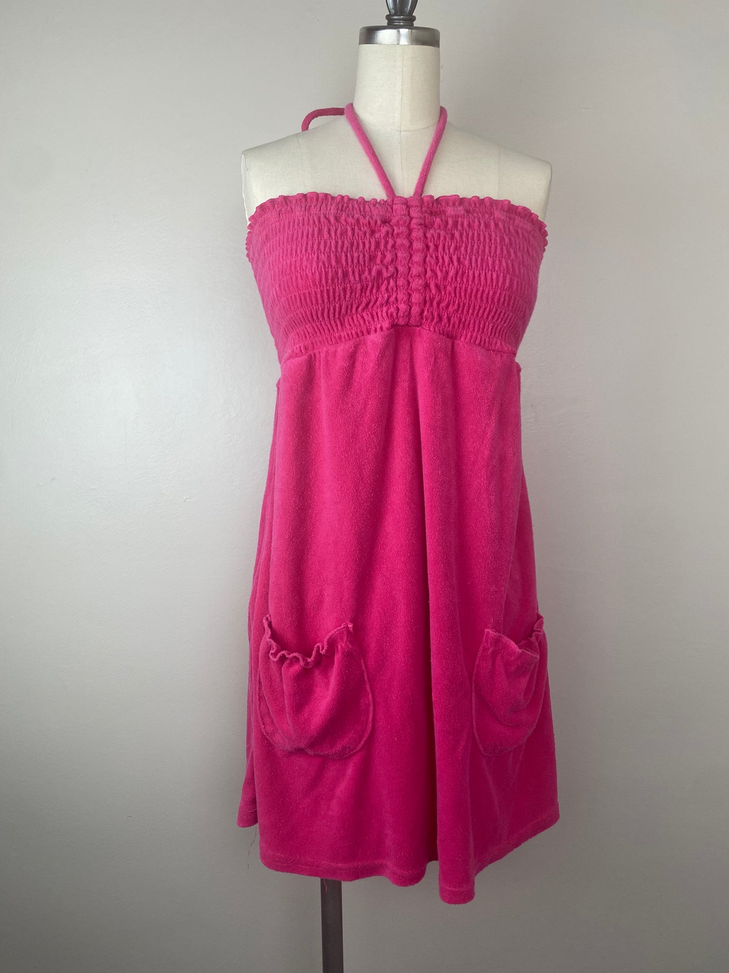 1980s Pink Terrycloth Halter Dress, Size Small, Bathing Suit Swim Cover Up