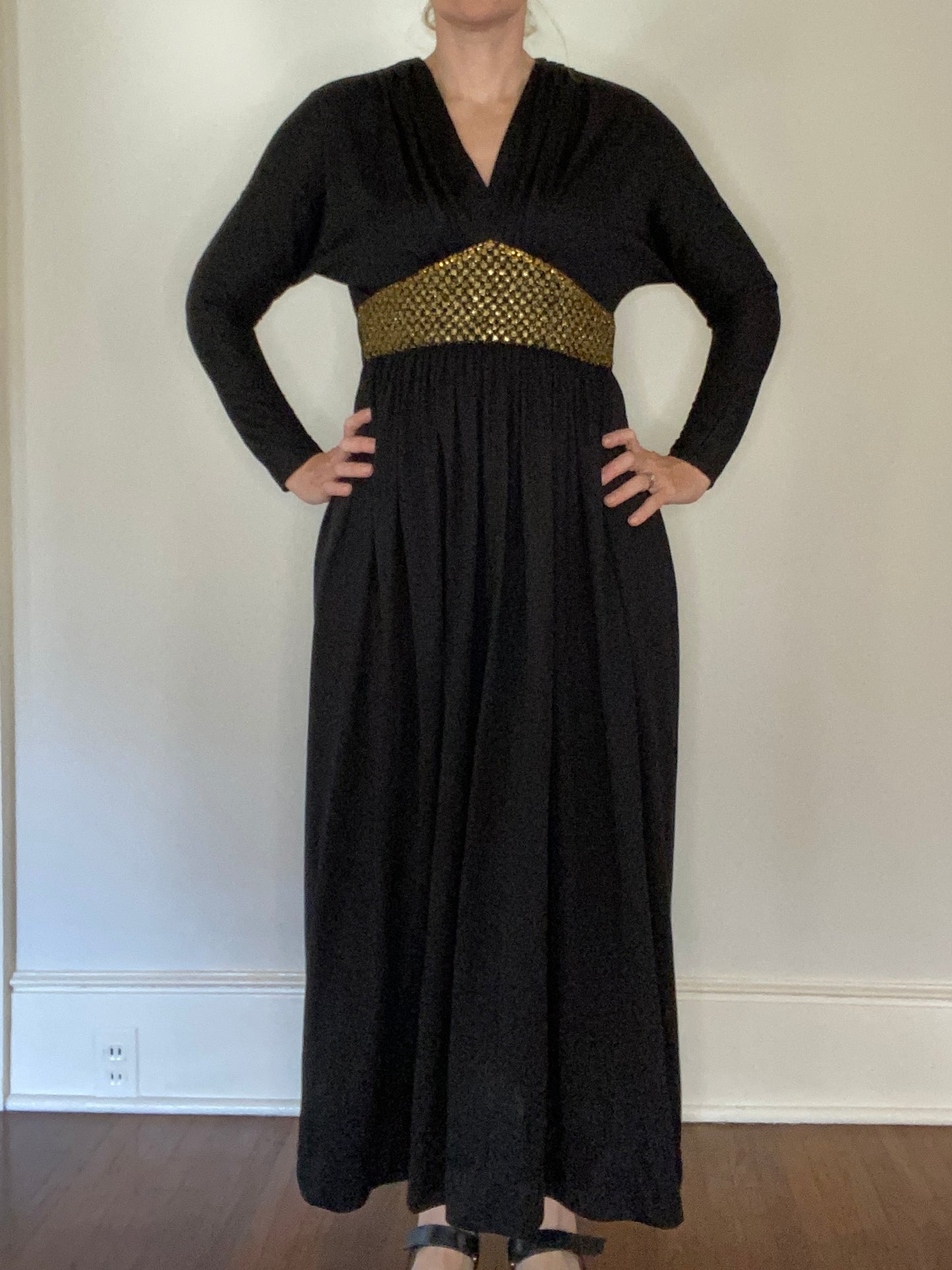 1970s Victor Costa Black Maxi Dress with Gold Beads and Rhinestones, Size XS