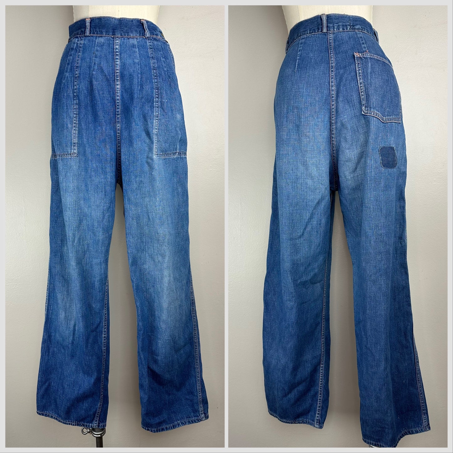 1950s Elk Brand Side Zip Blue Jeans, 28"x29.5", High Waisted