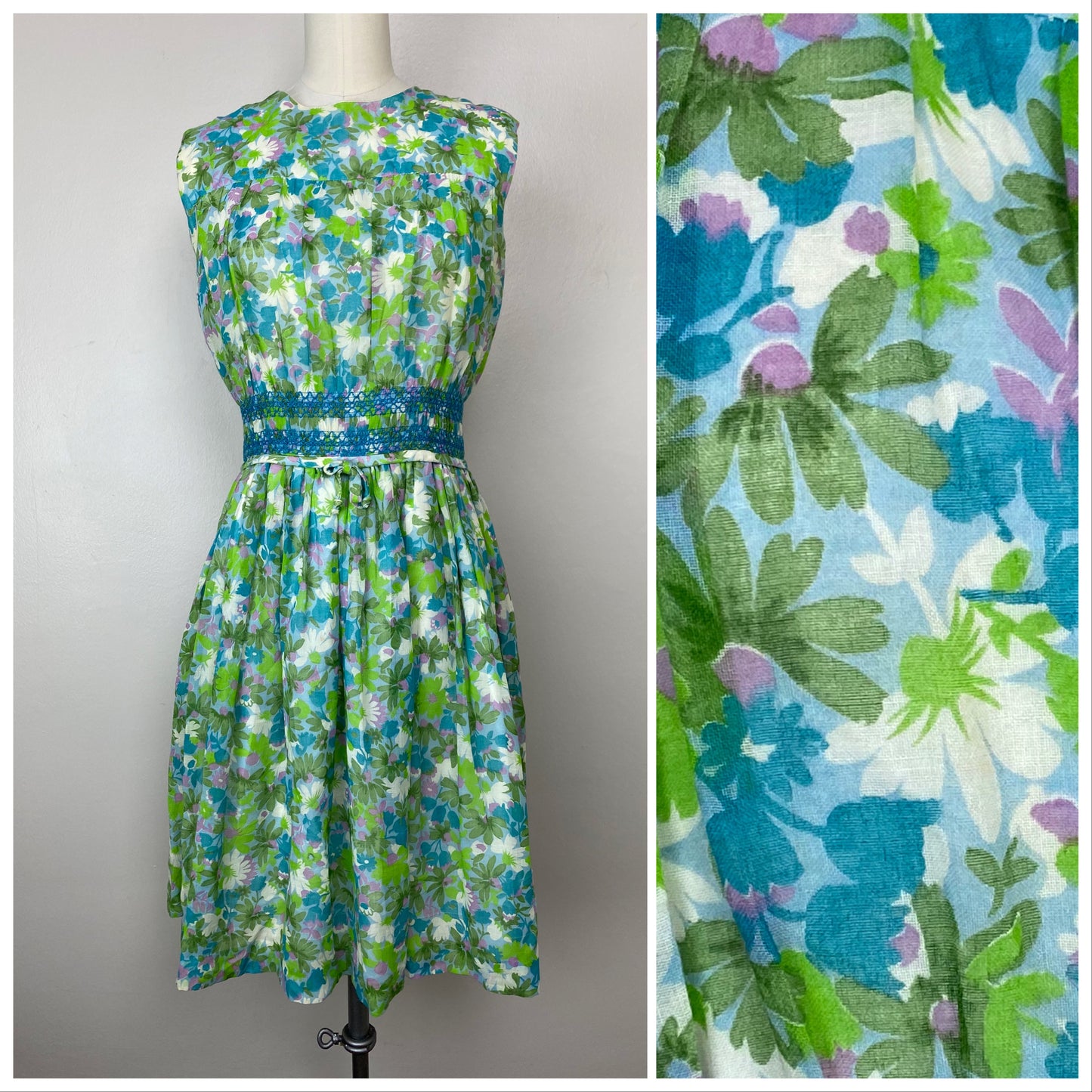 1950s Sheer Blue and Green Floral Dress, Size Small, Smocking