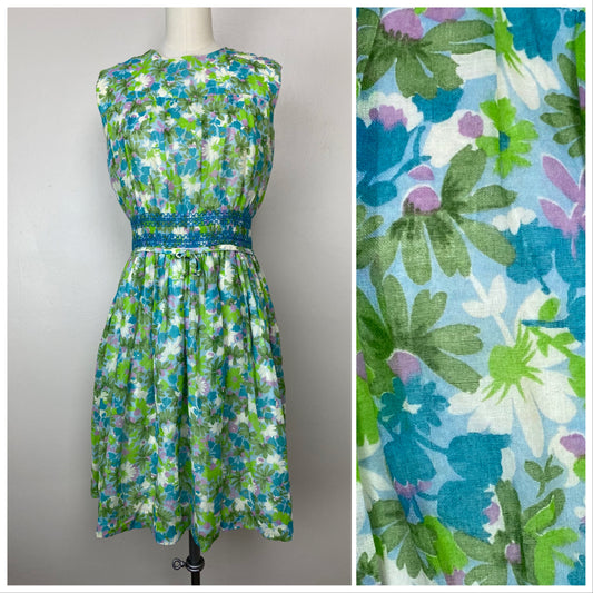 1950s Sheer Blue and Green Floral Dress, Size Small, Smocking