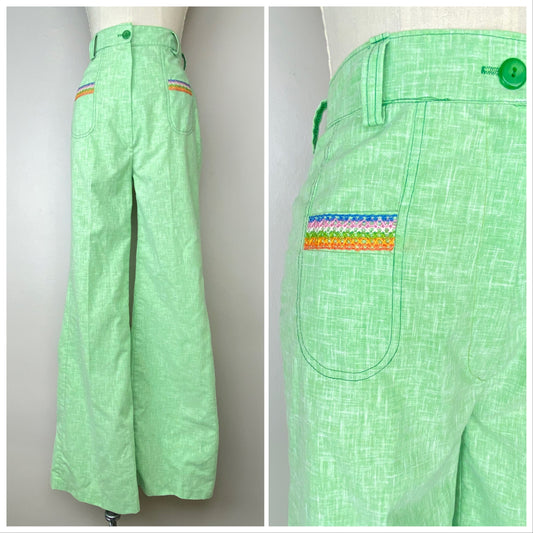 1970s Green Bell Bottom Pants, High Waisted, Size Small, Rainbow Embroidered Pockets