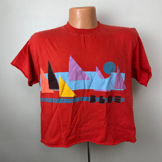 1980s Newport Blue Cropped T-Shirt, Size Medium, Memphis Design