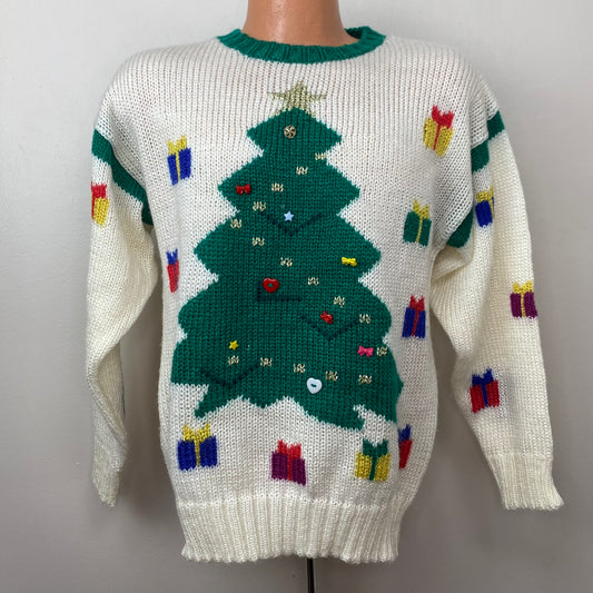 1990s Christmas Sweater, Pinwheels Size Medium, Embellished Xmas Tree and Gifts