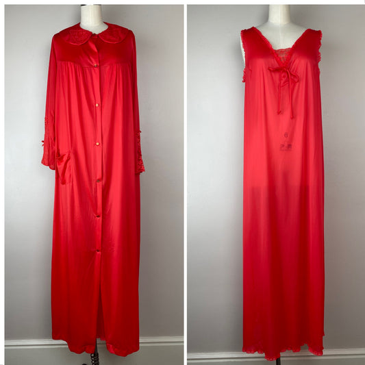1960s Red Peignoir Set, Nightgown and Robe, Size M/L, Nylon