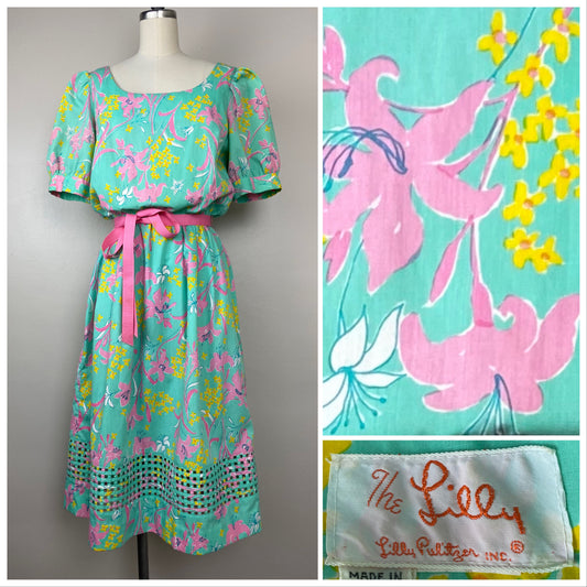 1970s/80s Lilly Pulitzer Midi Dress, The Lilly, Size S/M, Green and Pink Floral