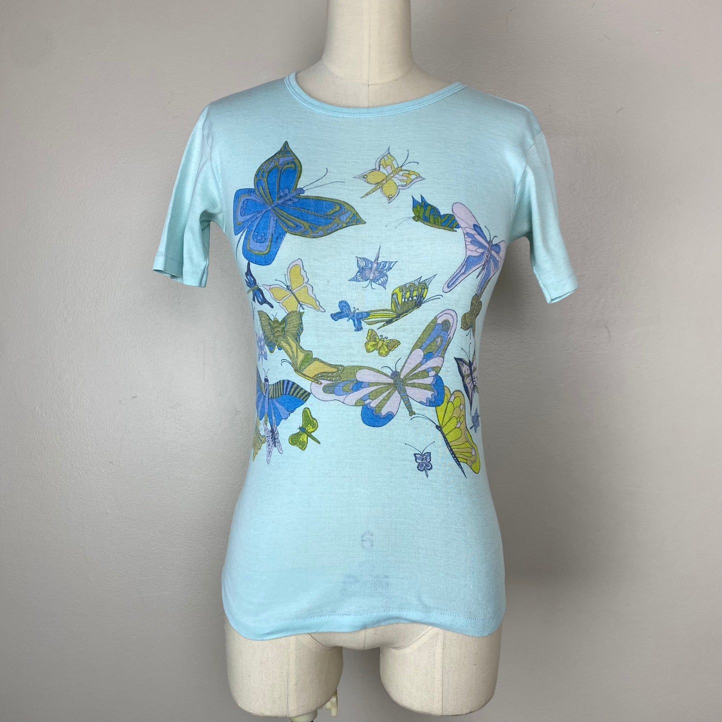 1970s Butterfly T-Shirt, Size XS/S, Pastel Blue