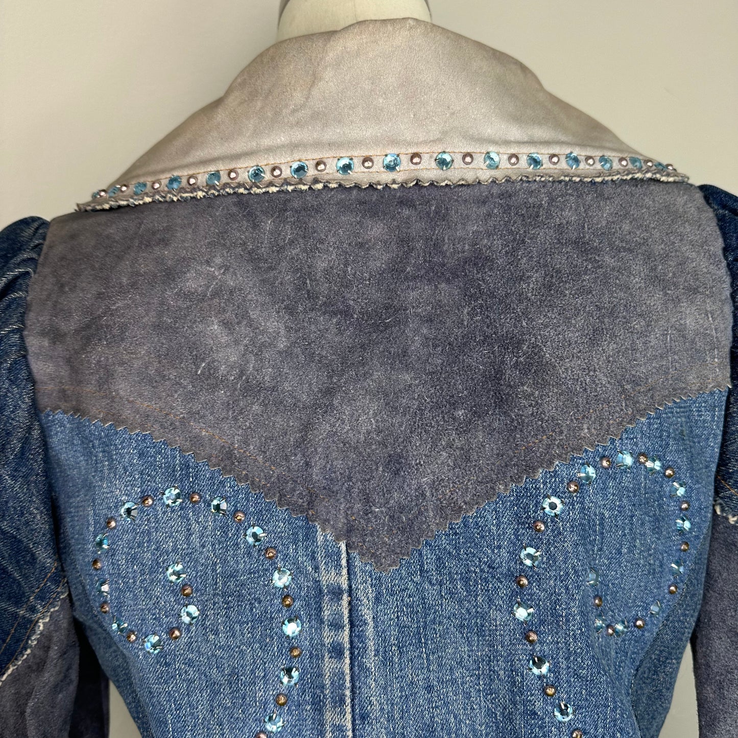 1970s Love Melody Denim and Leather Patchwork Jacket, Size Small