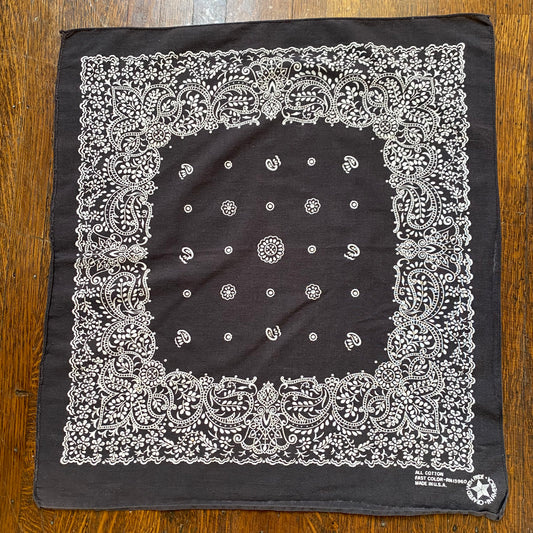 1980s Black Bandana, RN 13960, All Cotton, Fast Color, Crafted with Pride in USA, Selvage Edge