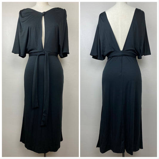 1970s Black Midi Dress, Funky Size XS/Small, Front Cut-out, Open Back, Flutter Sleeves