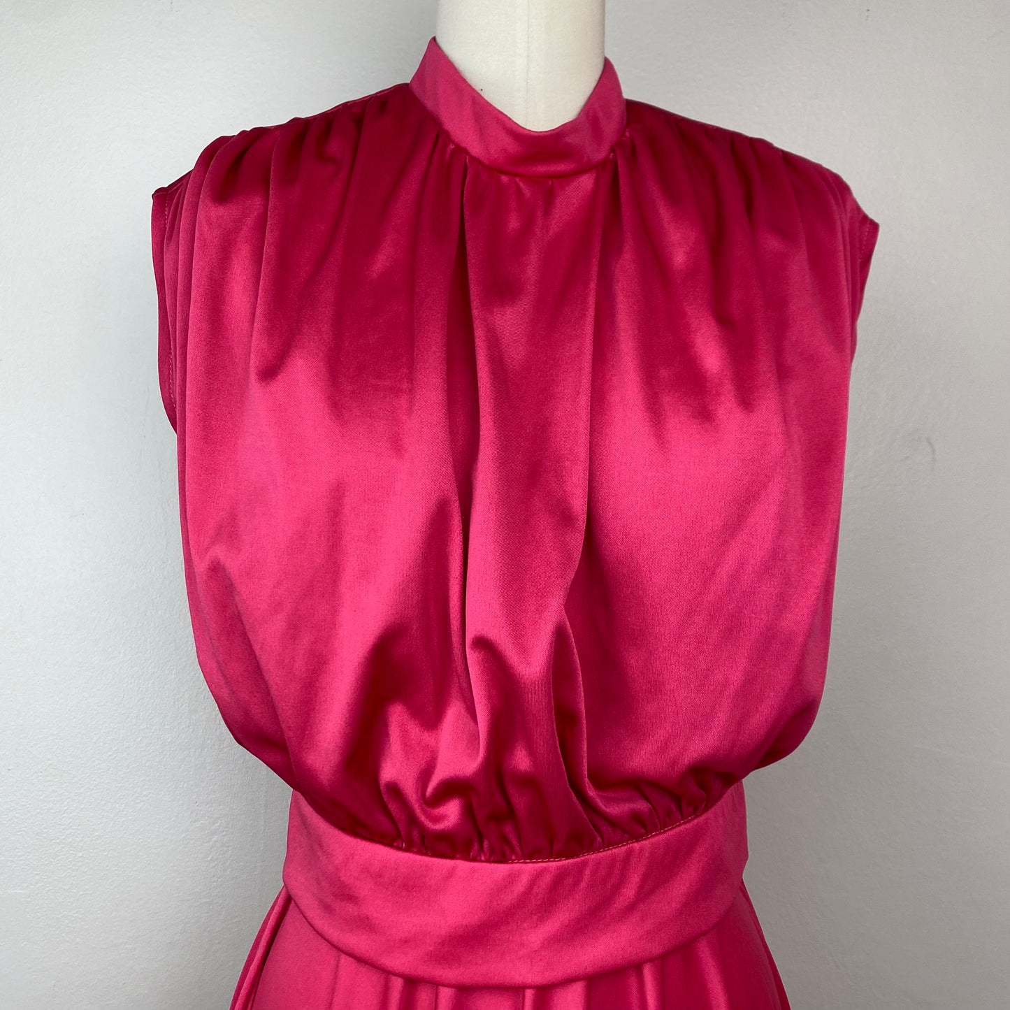 1970s Pink Disco Set, Size XS, Sleeveless Blouse and Midi Length Circle Skirt