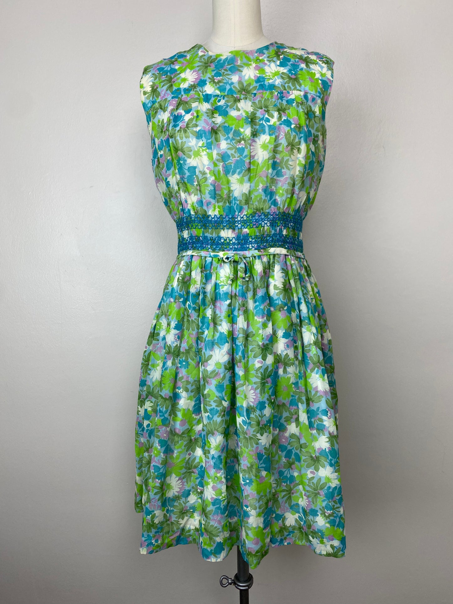 1950s Sheer Blue and Green Floral Dress, Size Small, Smocking