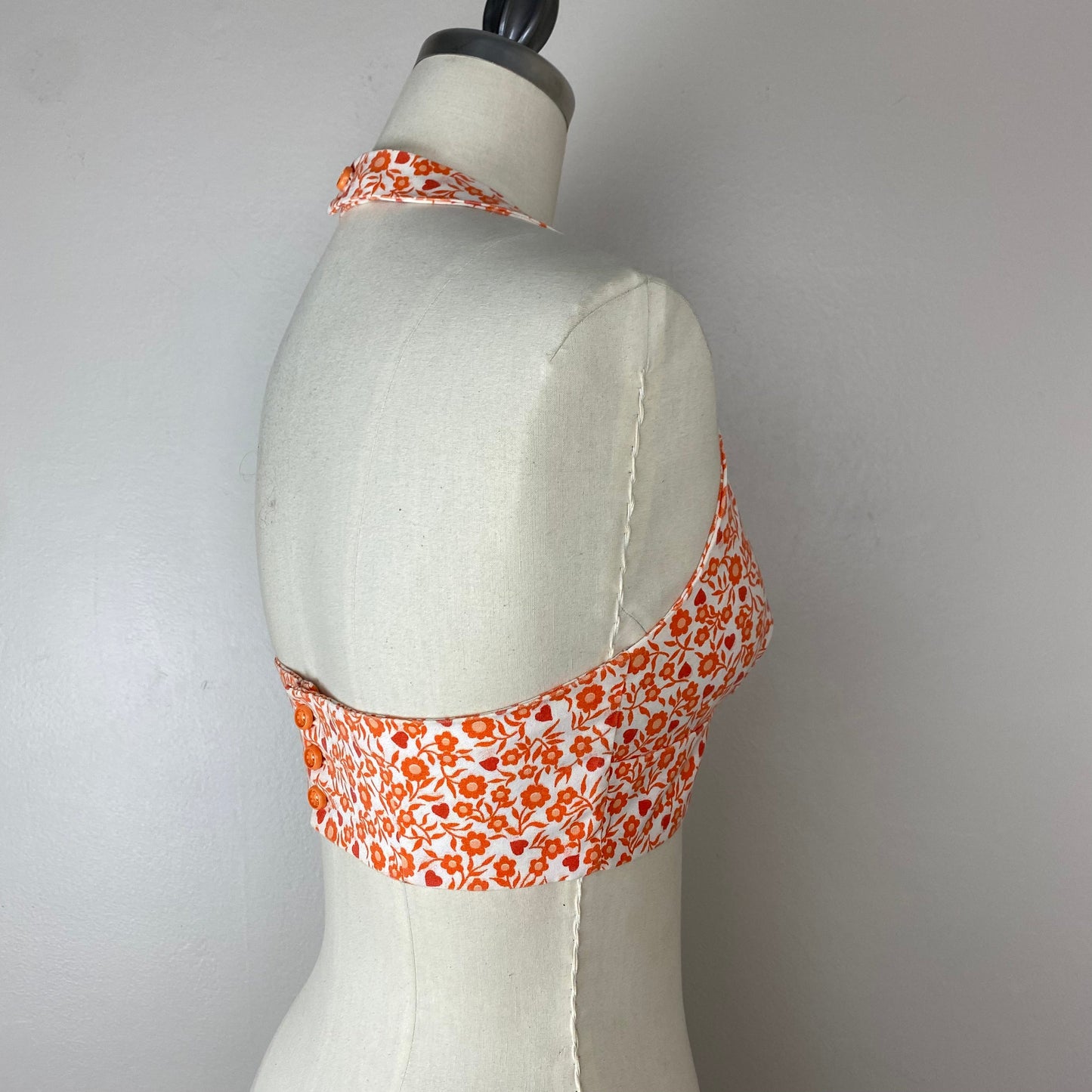 1960s Halter Top, Size XS, Orange Floral, Handmade