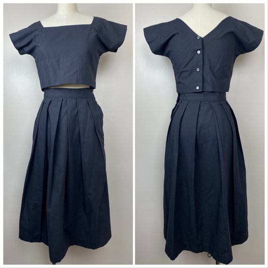 Vintage Handmade Black Cropped Top and Skirt Set, Size Small