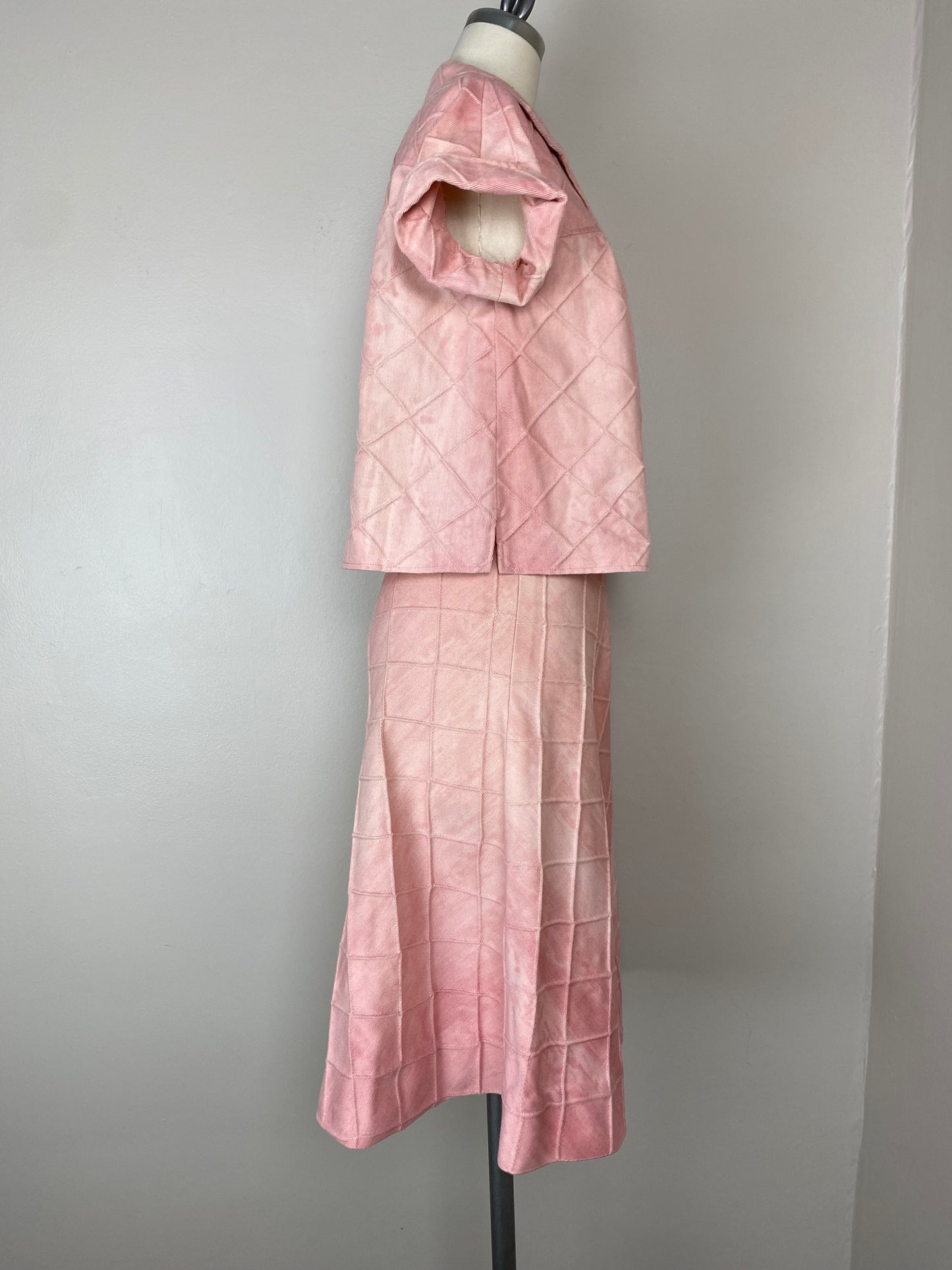 1970s Pink Denim Top and Skirt Set, Size XS/S, Tie Dye, Pin Tuck Grid