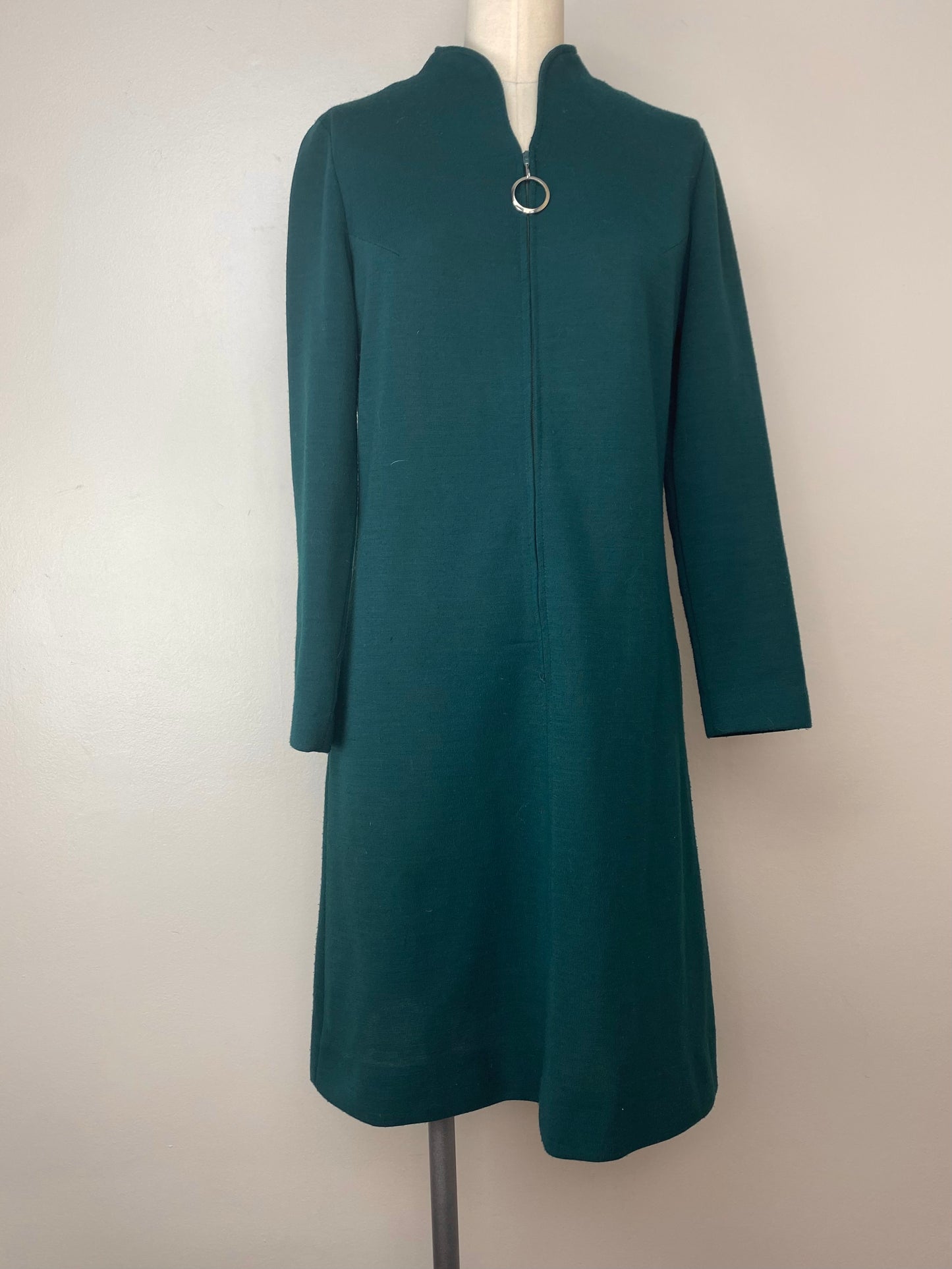 1970s Forest Green Mod Mini Dress, K II, Size S/M